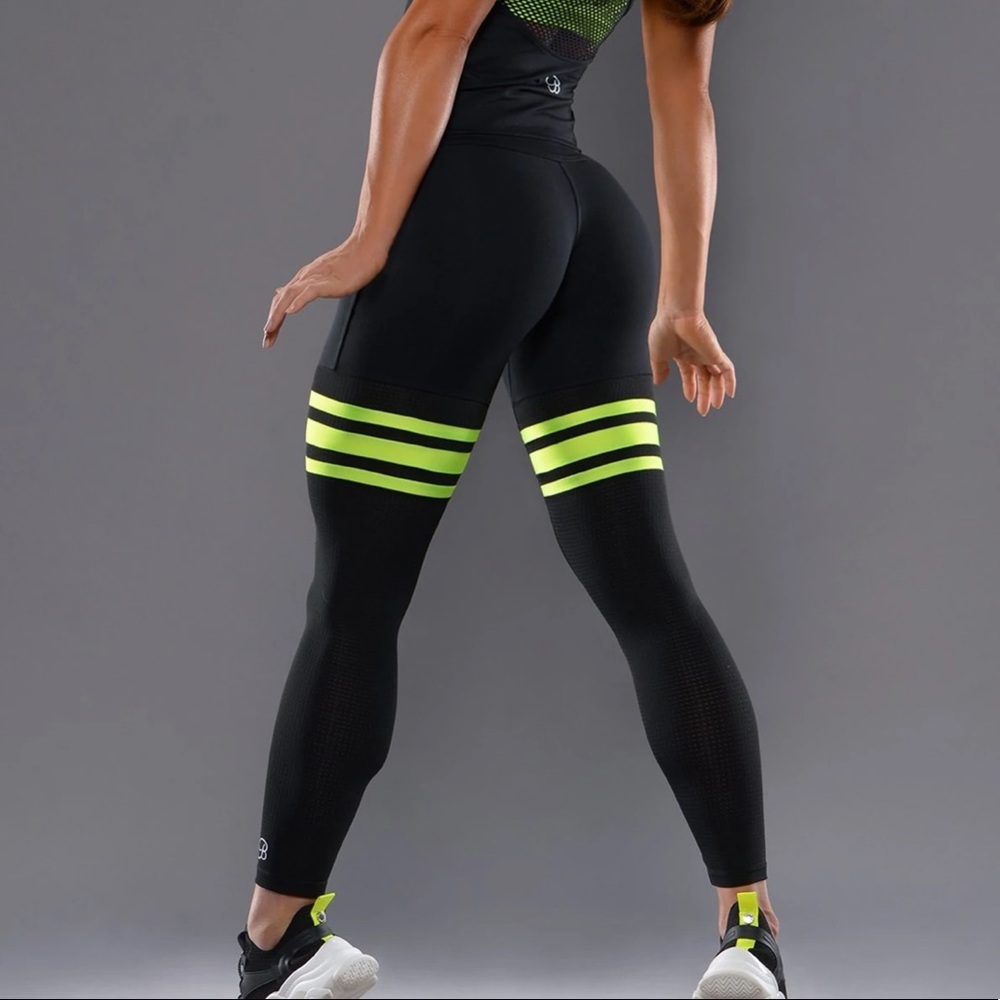 High-Rise Black Leggings with Neon Yellow Stripes